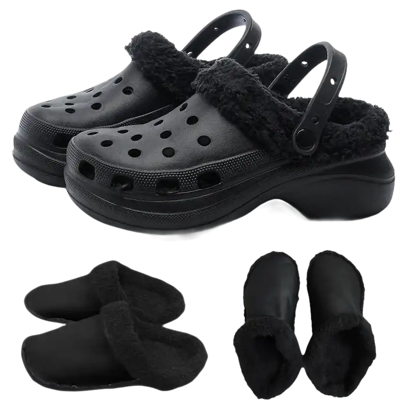 Black fur-lined clogs and slippers.