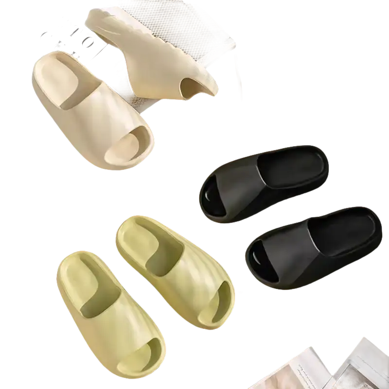 Assorted cushioned slide sandals.