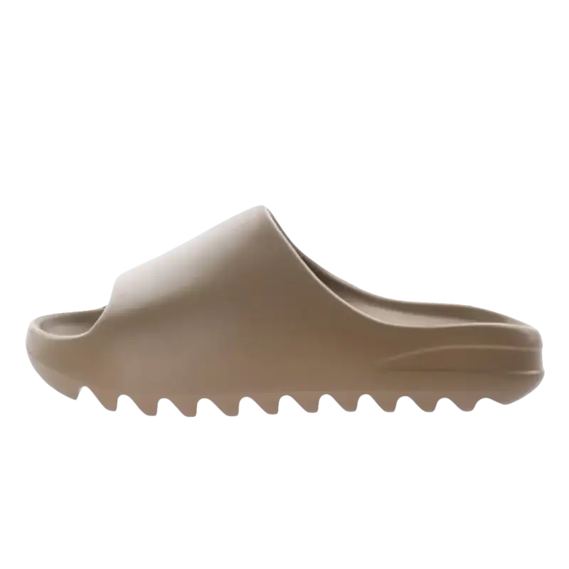Taupe-colored slide sandal.