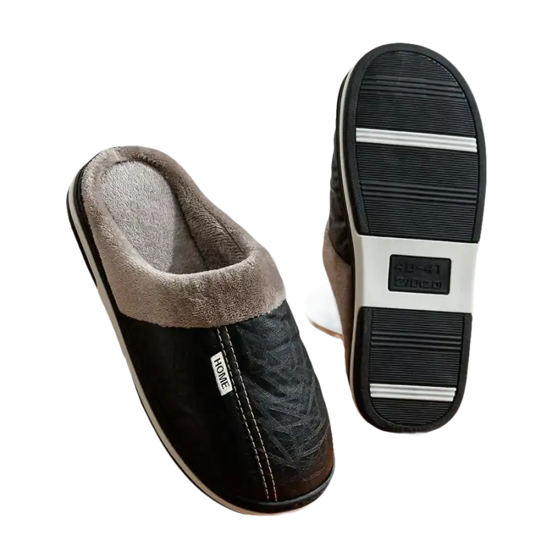 Black and gray indoor slippers.