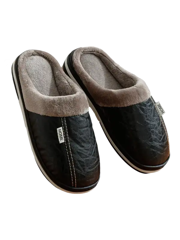 Black indoor slippers with gray lining.