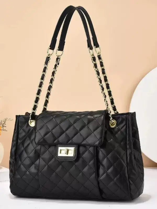 Embroidered Rhombus Chain Shoulder Bag - Black