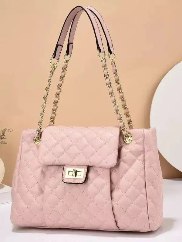 Embroidered Rhombus Chain Shoulder Bag - Pink