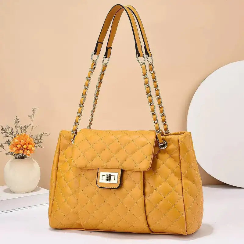 Embroidered Rhombus Chain Shoulder Bag - Yellow