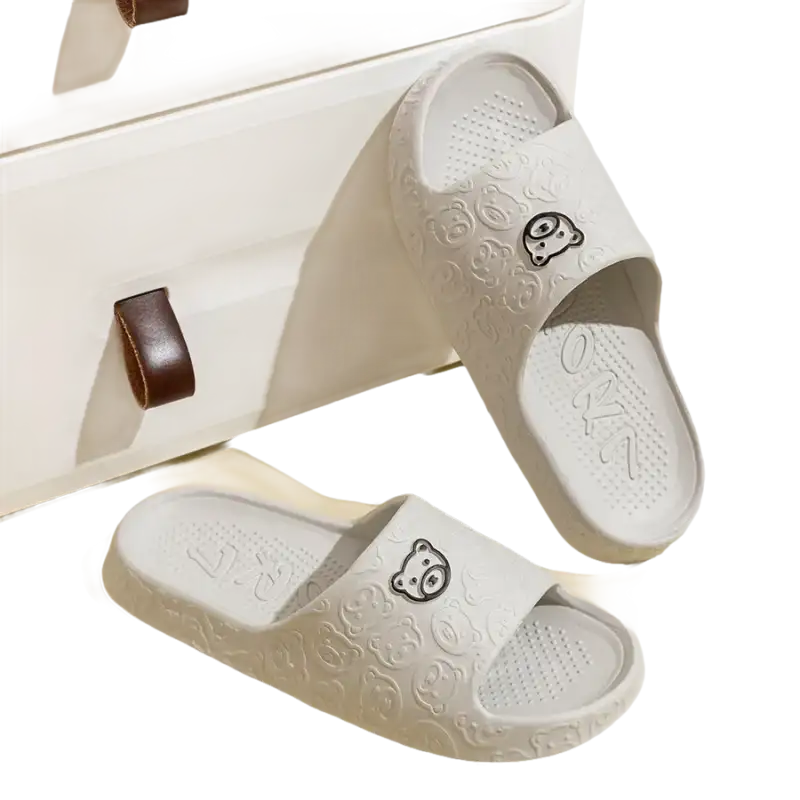 Gray bear-themed slide sandals.