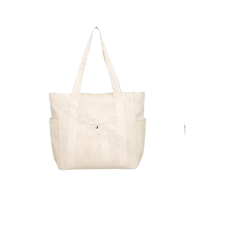 Beige tote bag with dimensions.