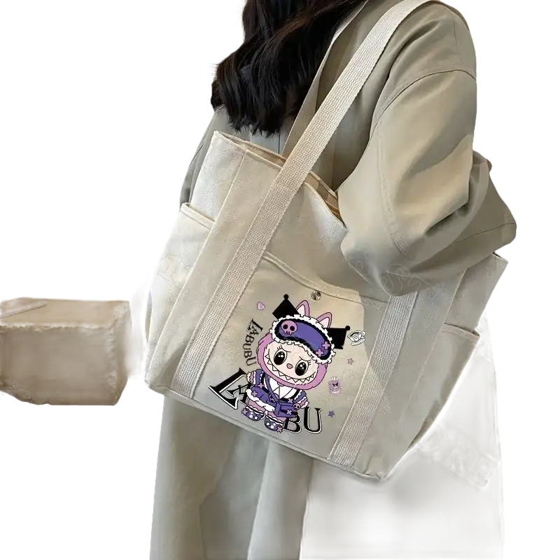 Canvas tote bag with cartoon character.