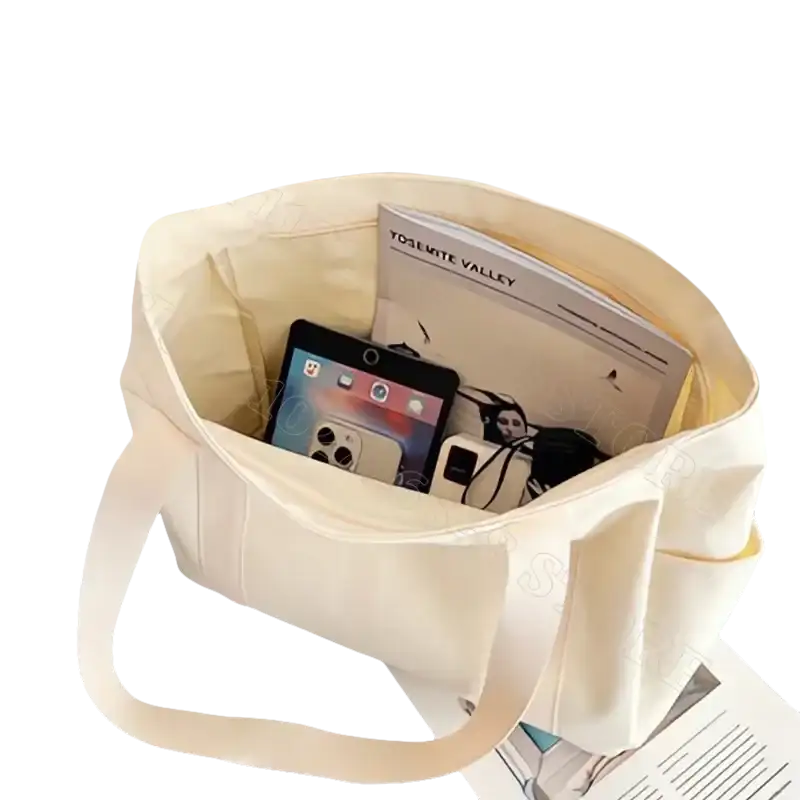 Open white tote bag.