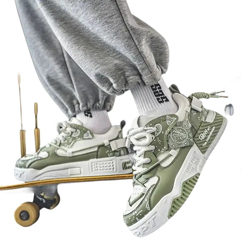Green and white patterned sneakers.