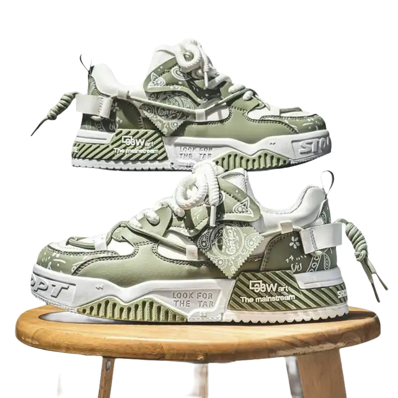 Olive green and white patterned sneakers.