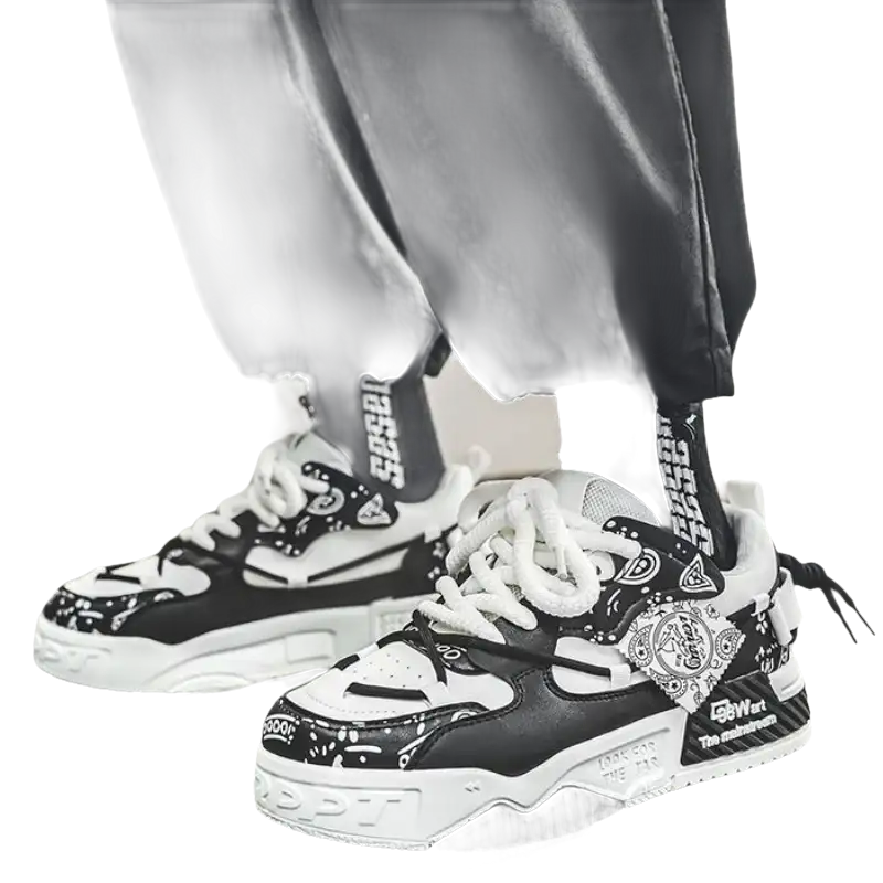 Black and white patterned sneakers.