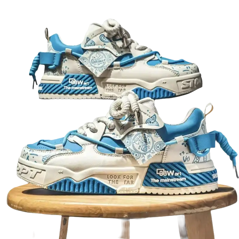Two blue and white sneakers.