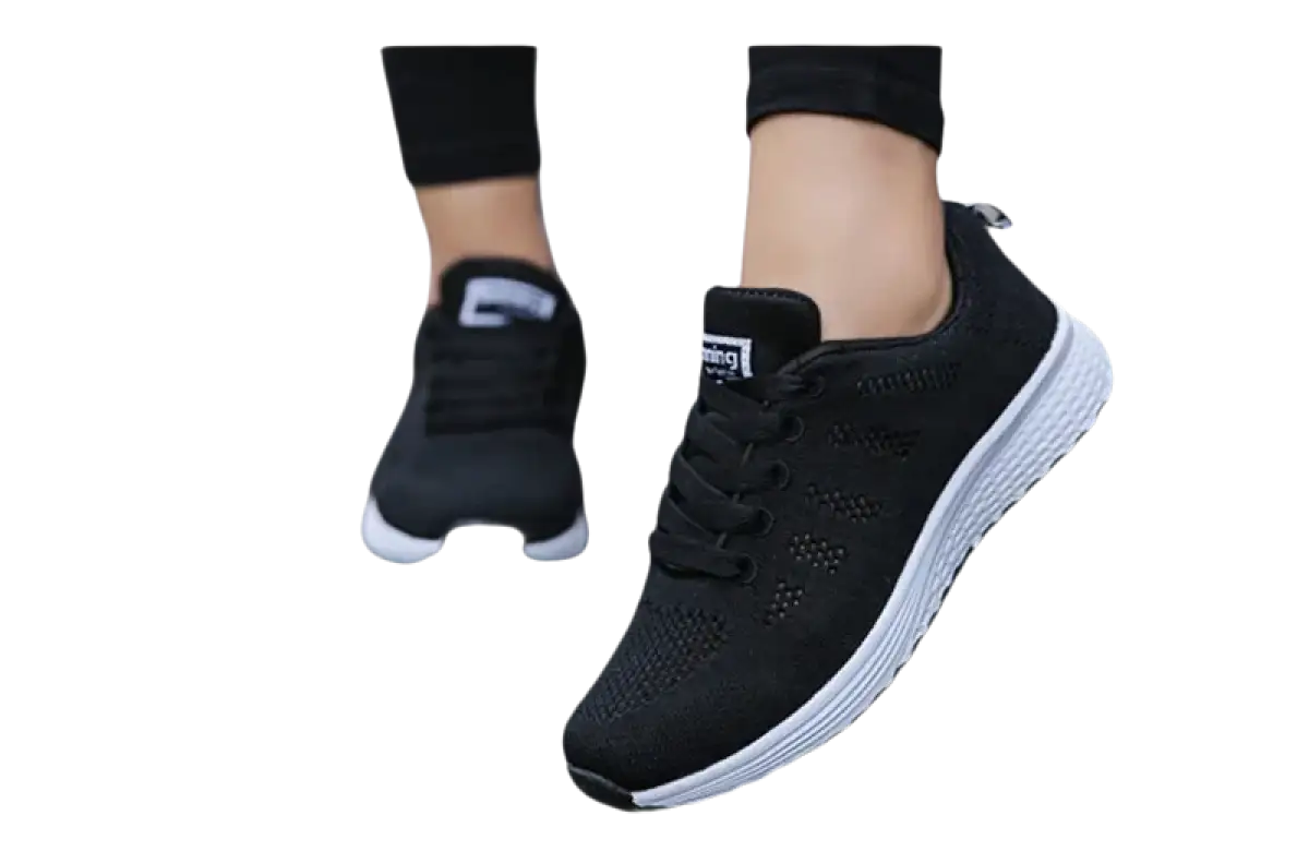 Black athletic shoes with white soles.