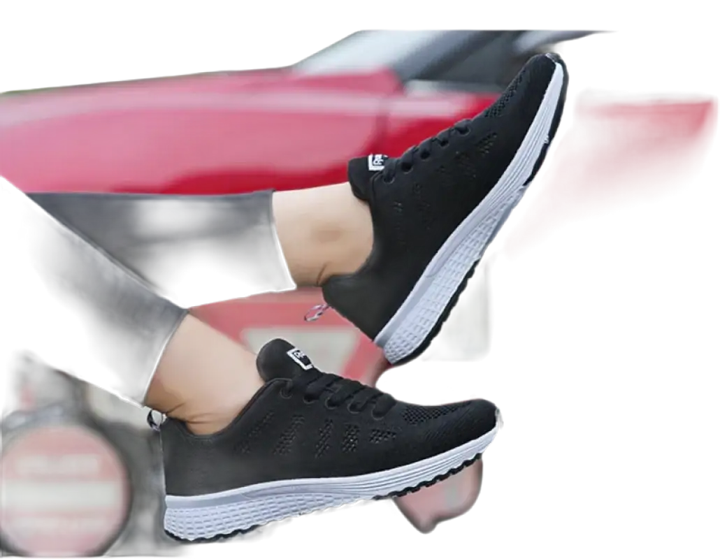 Black athletic shoes with white soles.