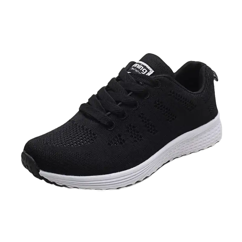 Black running shoe with white sole.