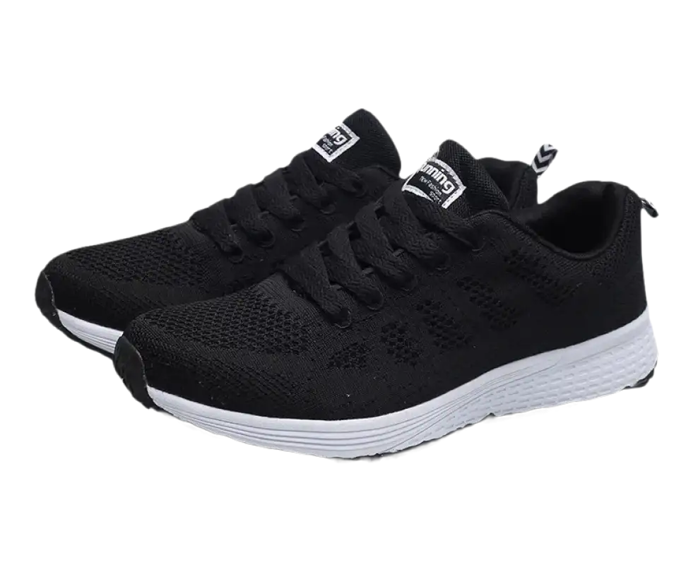 Black running shoes with white soles.