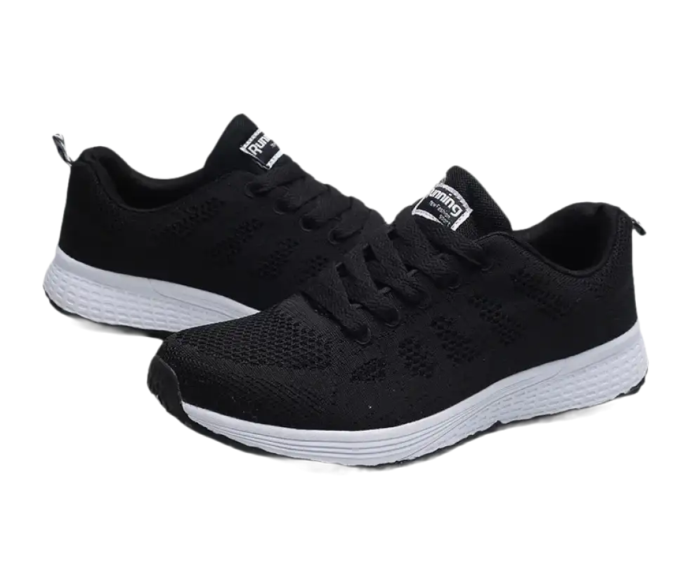 Black running shoes with white soles.