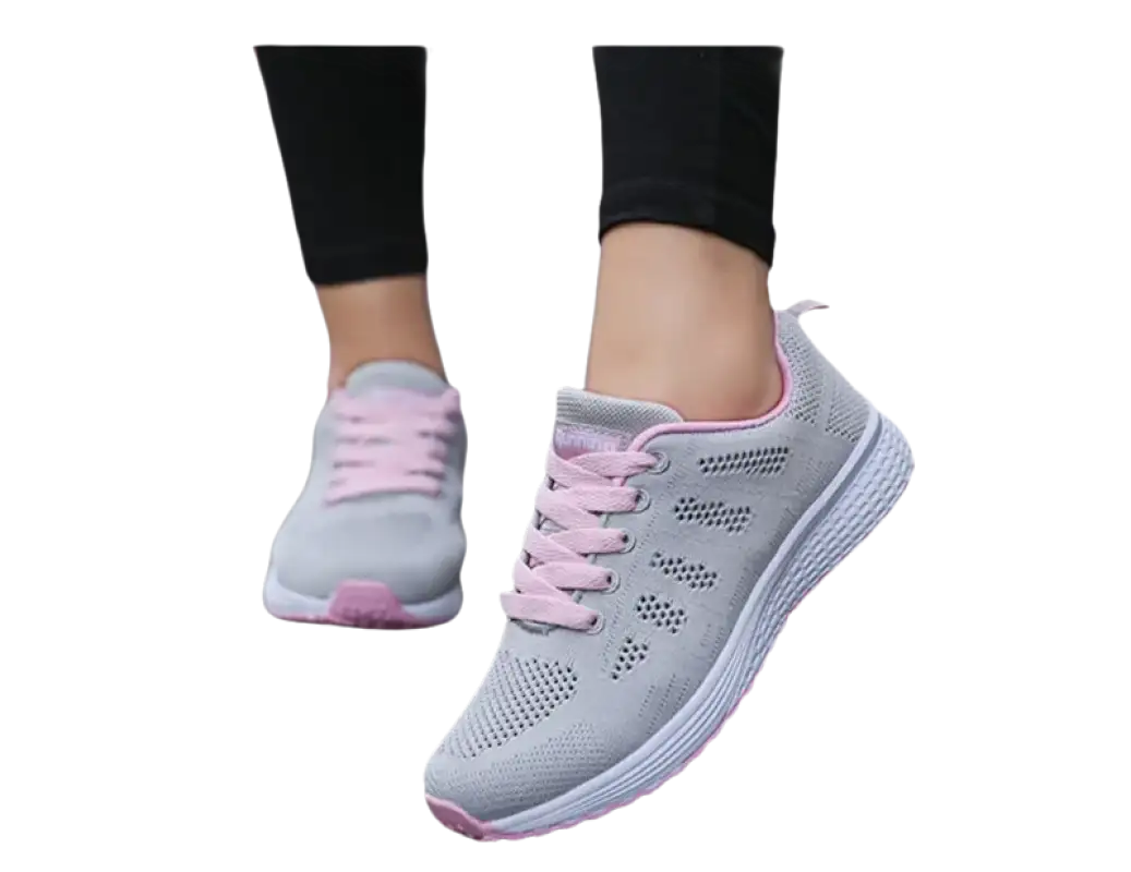 Gray and pink athletic shoes.