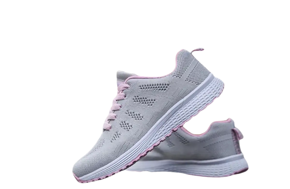Gray and pink athletic shoes.