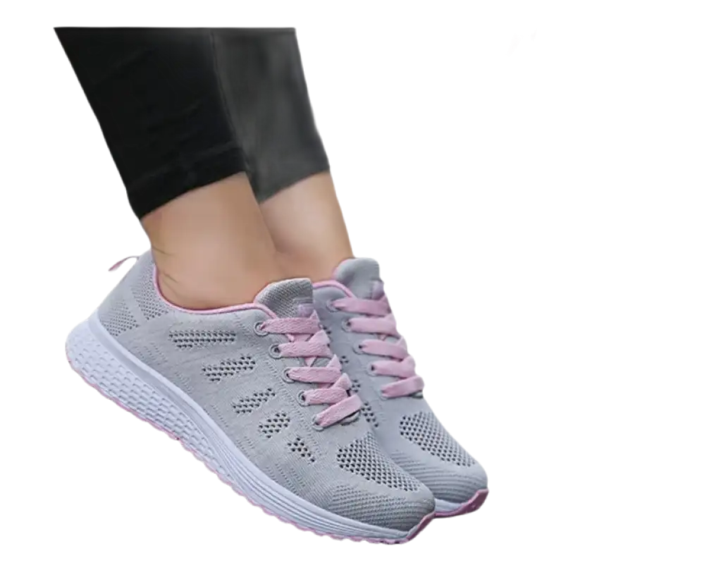Gray and pink athletic shoes.