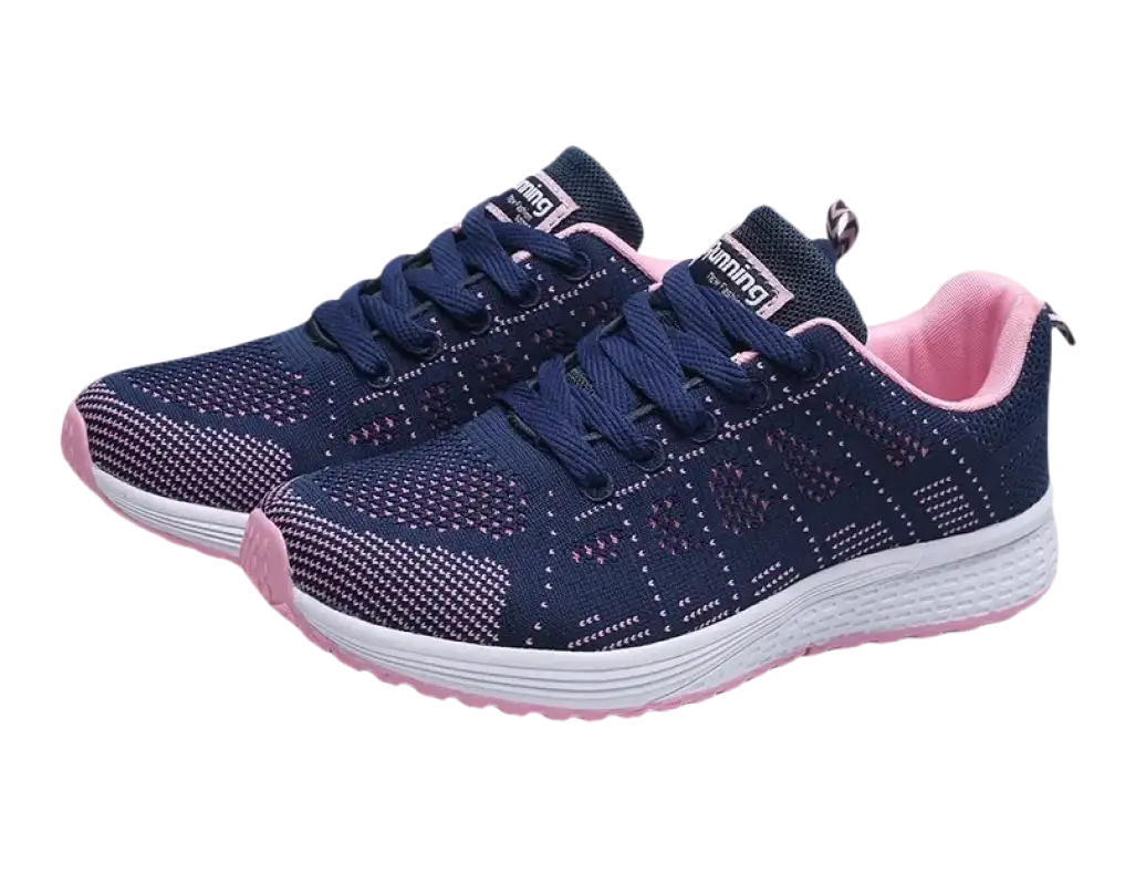 Navy and pink running shoes.