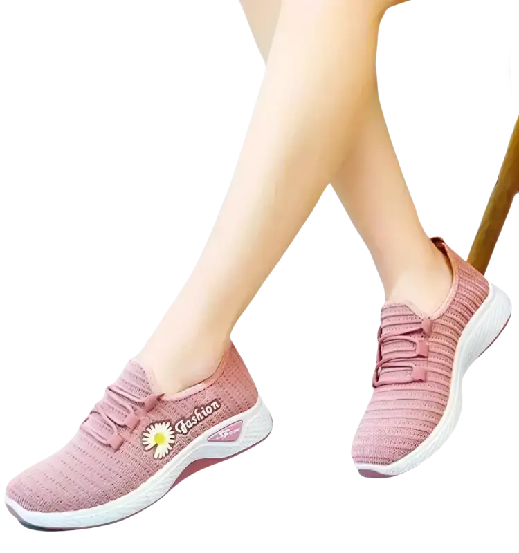 Pink knit women’s sports shoes with white soles and mesh soles for fashionable women’s sports