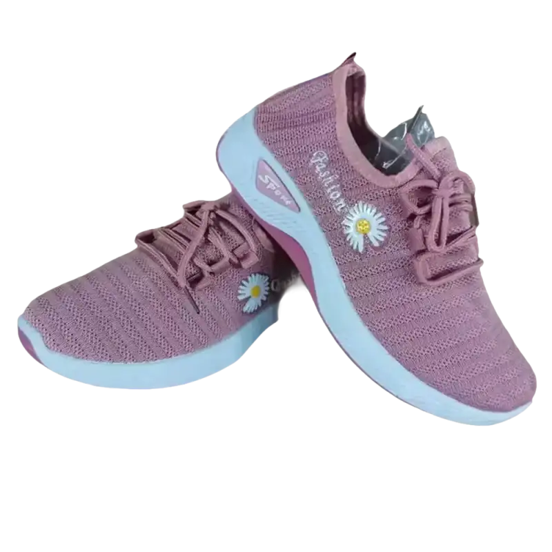 Pink knit sneakers with daisy accents, trendy women’s sports shoes for fashionable women