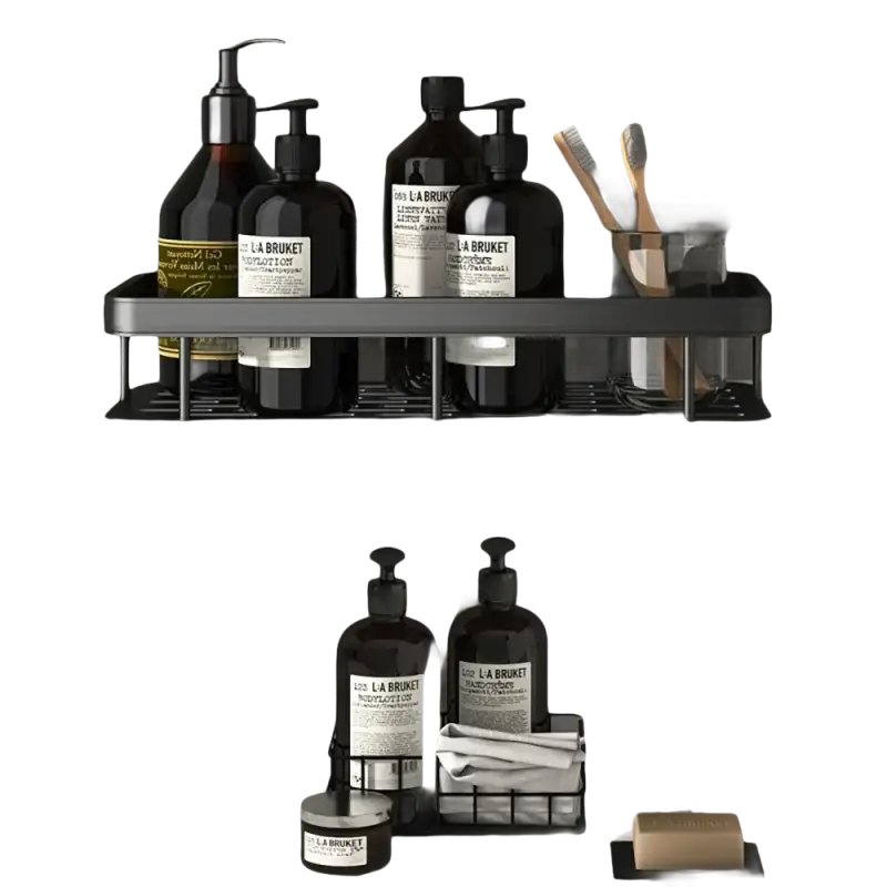 Bathroom storage shelves.