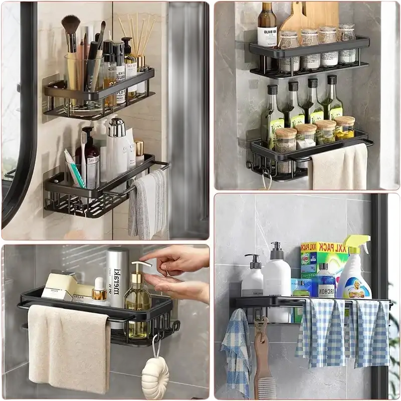 Bathroom storage shelves with towel bars.