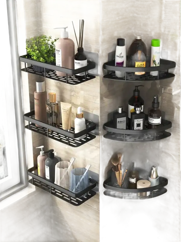 Black bathroom shelves with toiletries.