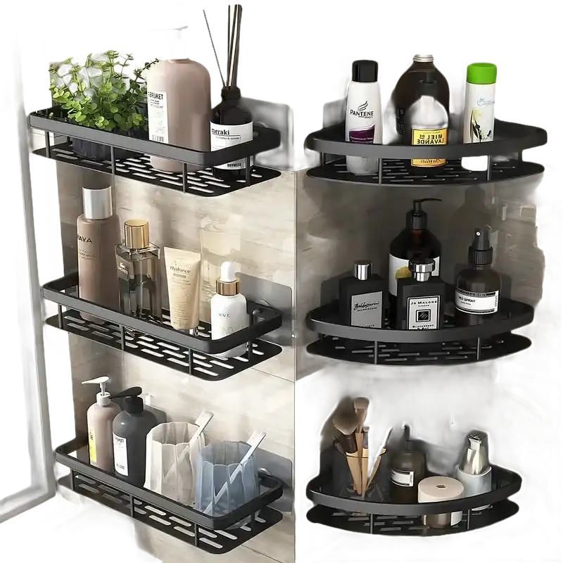 Black metal bathroom shelves.