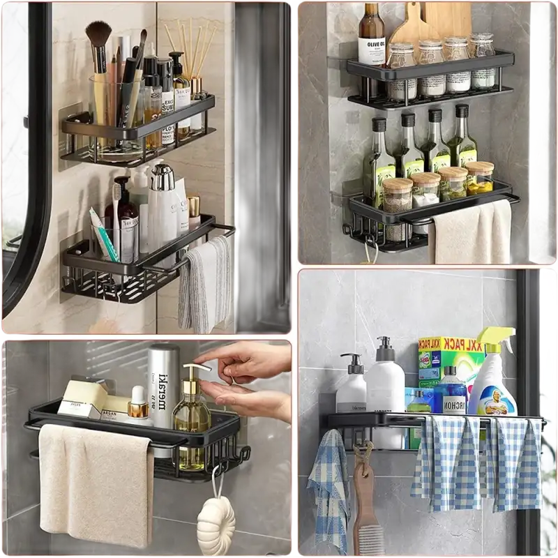 Black metal wall-mounted storage shelves.