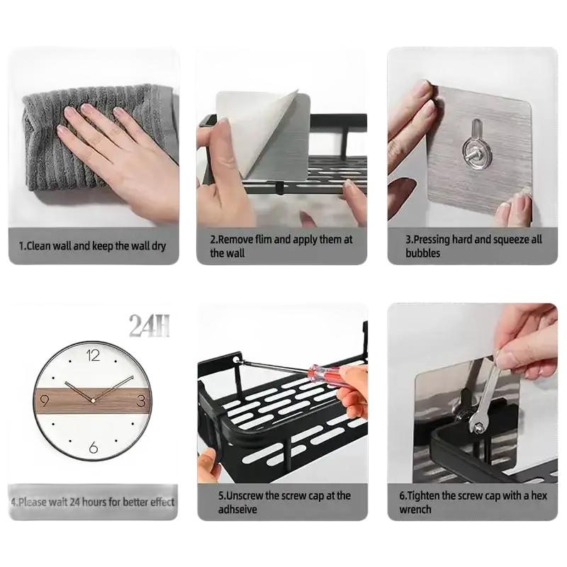 Installation instructions for a wall-mounted shelf.