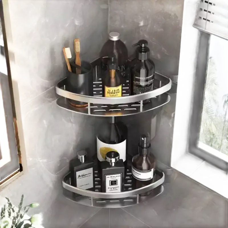 Two-tiered corner shower caddy.