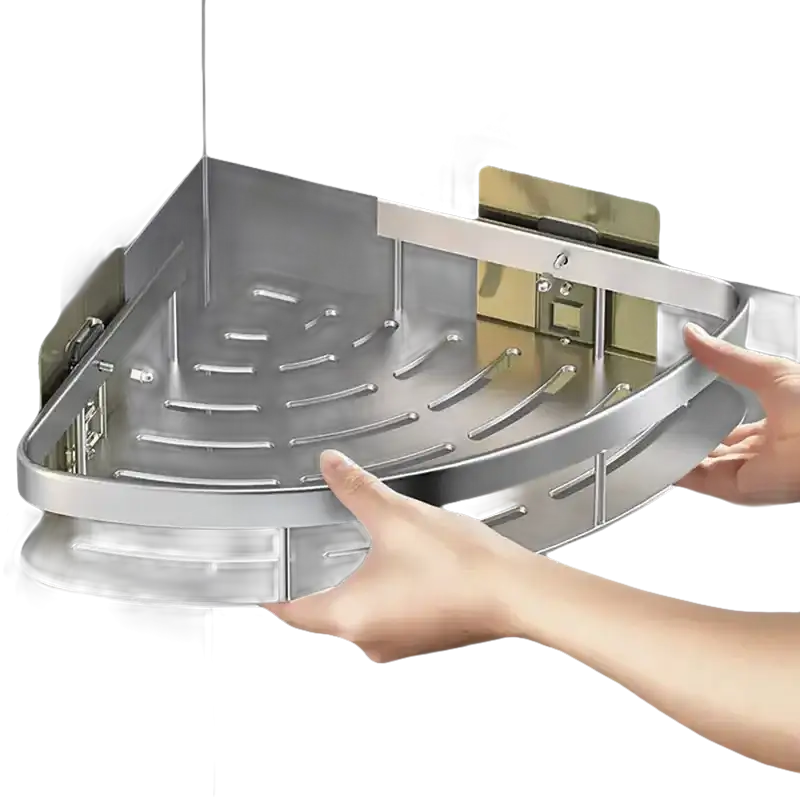 Silver corner shower caddy.