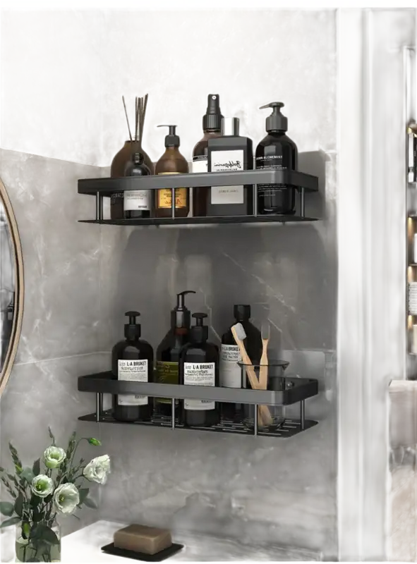 Two black metal bathroom shelves.