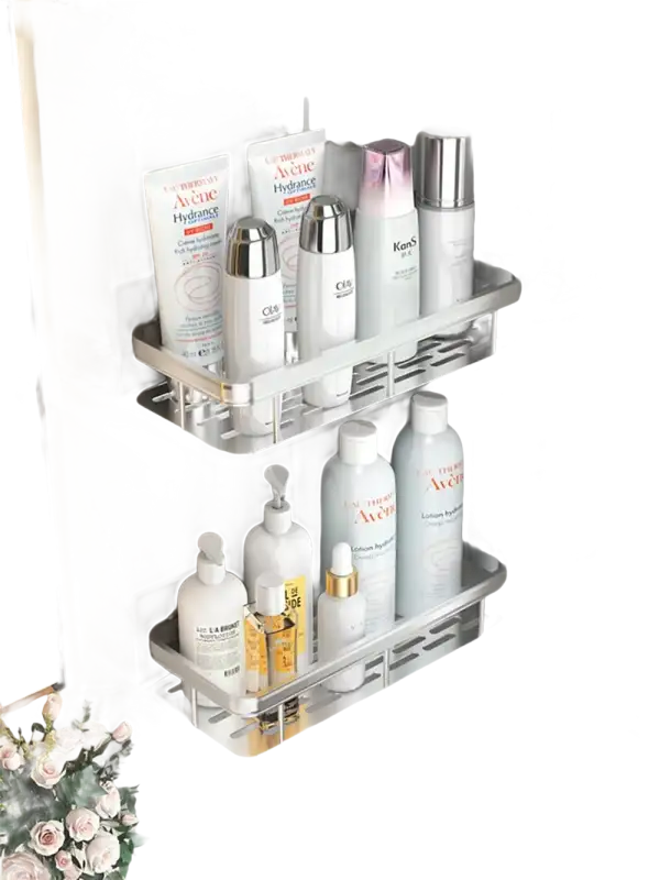 Two-tiered aluminum corner shelves filled with toiletries.