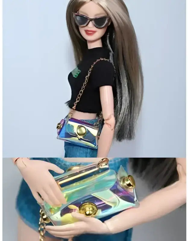 Fashion doll with iridescent purse.