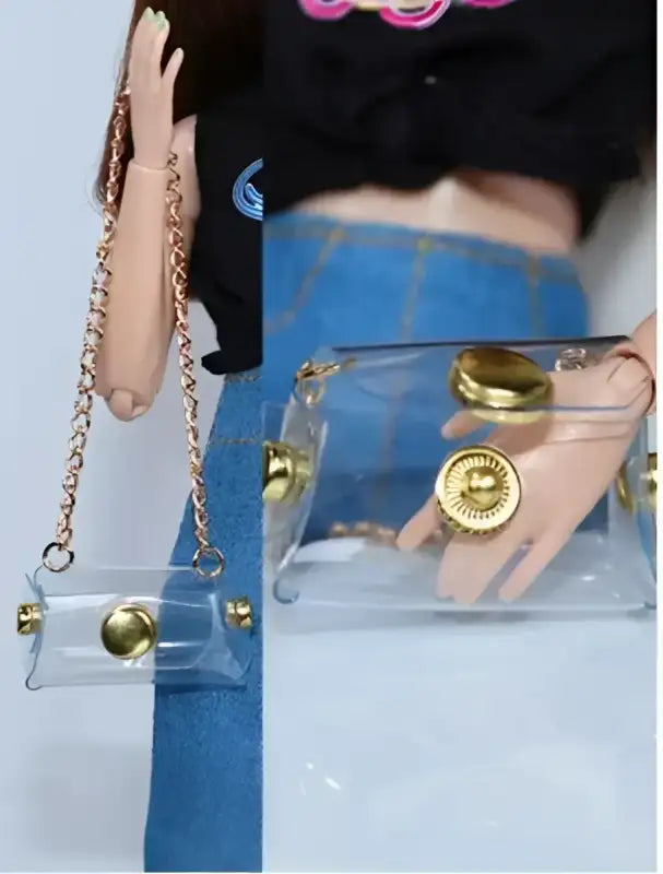 Clear purse with gold accents.