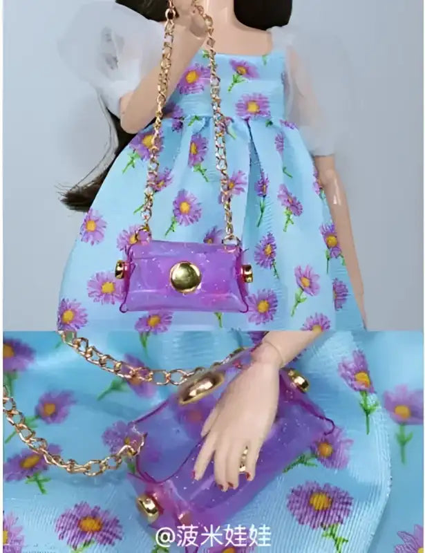 Doll with floral dress and purple purse.