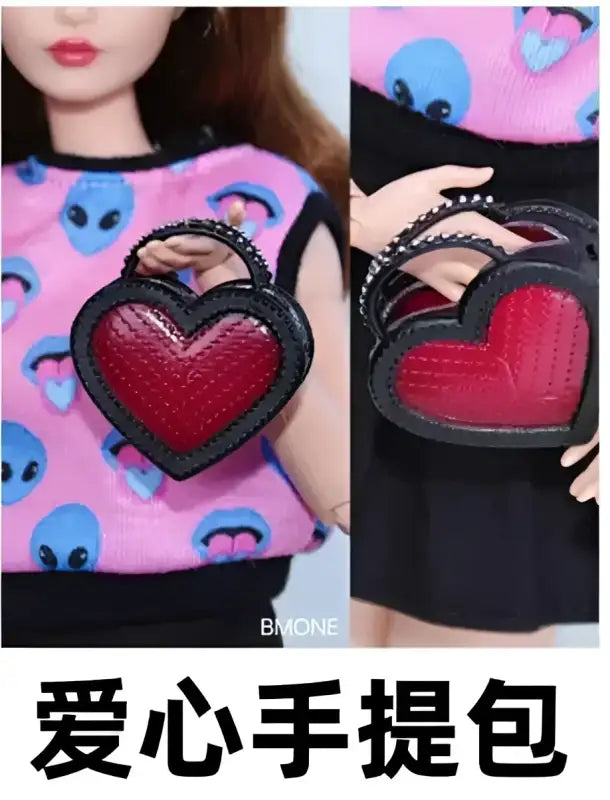 Heart-shaped red and black handbag.