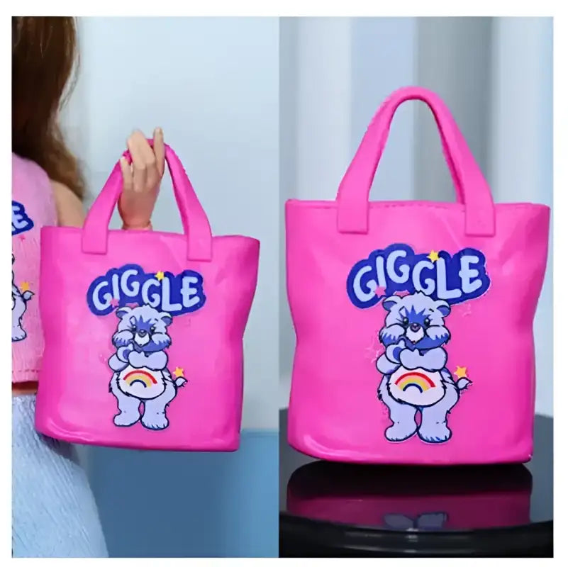 Pink tote bags with cartoon bear.