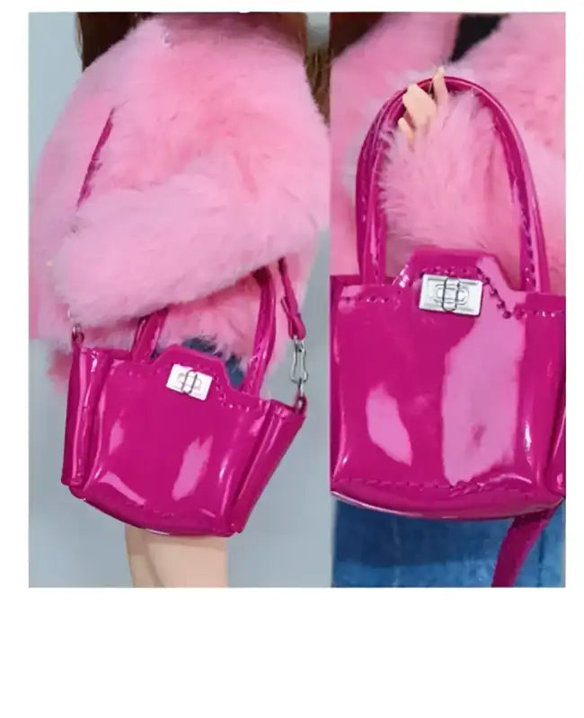 Shiny magenta handbag.