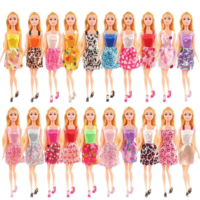 Twenty fashion dolls in colorful dresses.