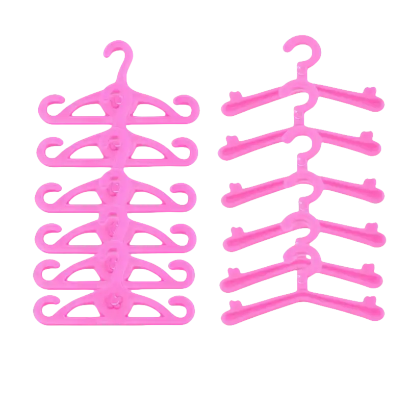Pink plastic doll hangers.