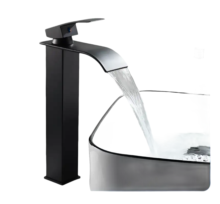 Black waterfall bathroom faucet.