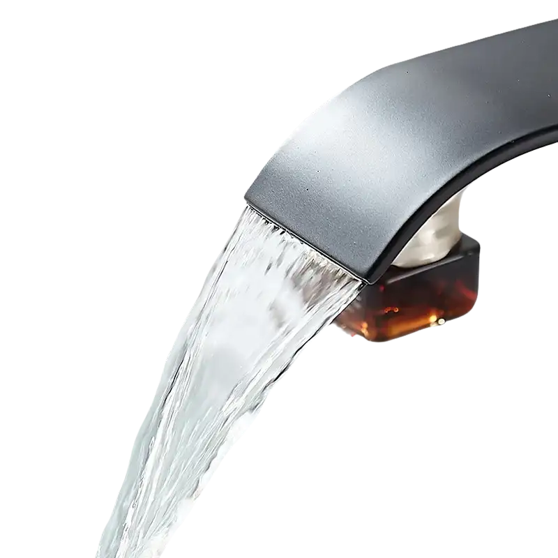 Black waterfall faucet with running water.