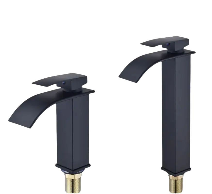 Two black waterfall faucets with dimensions.