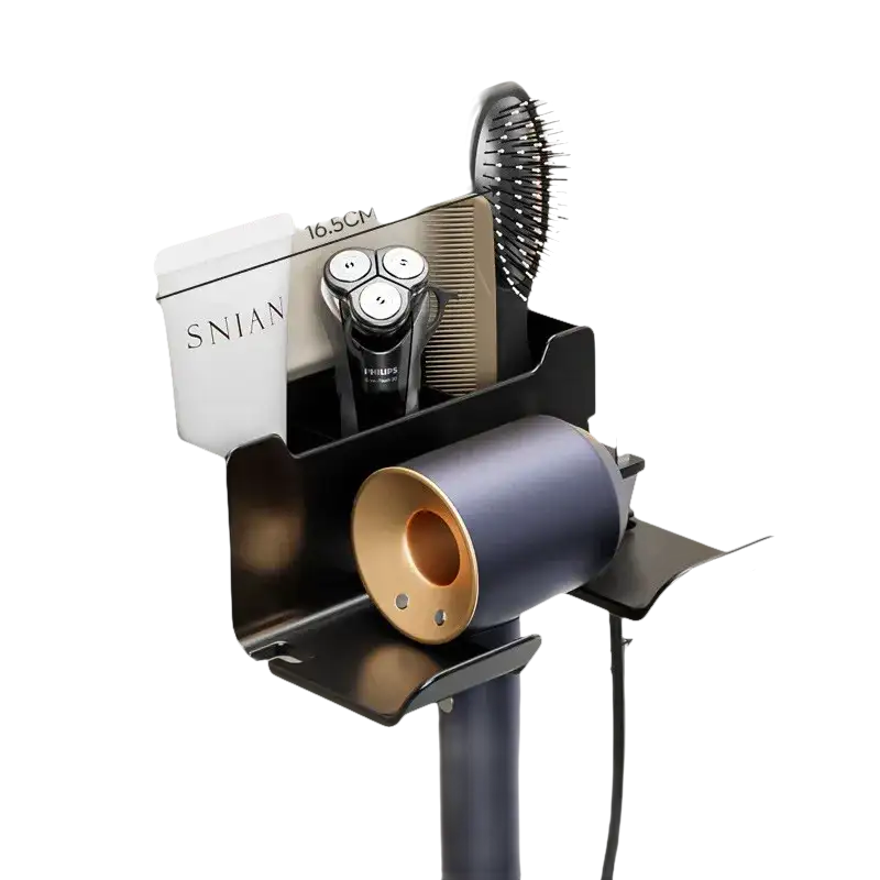 Wall-mounted bathroom organizer with hair dryer holder.