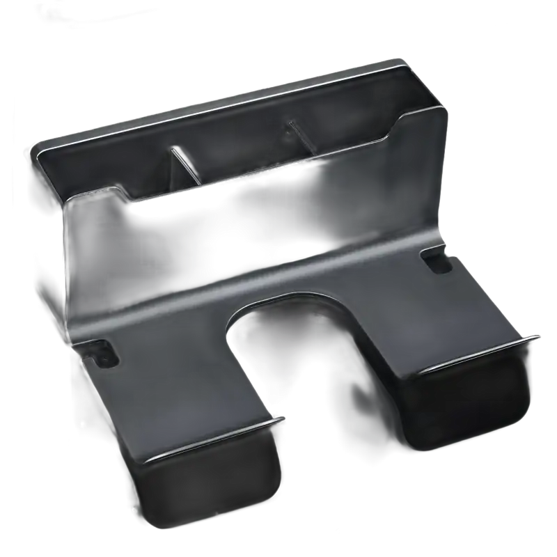 Black metal organizer with compartments and a U-shaped base.
